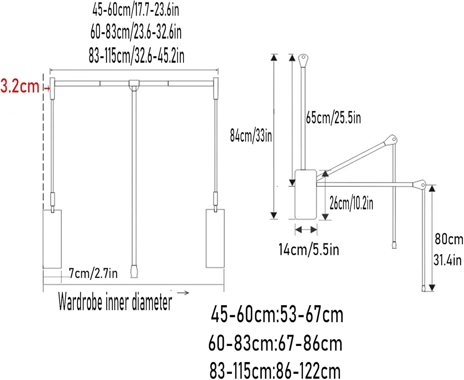 میله آویز لباس تاشو و کشویی کمد، سیستم سازماندهی ریل بالابر کمد لباس، چوب لباسی خوابگاهی، میله سخت افزاری کمد، قفسه مرتب سازی لباس، B-45-60cm