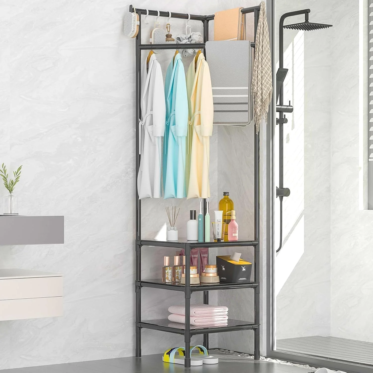 رگال لباس گوشه ای (ارتفاع ۱۸۰ x عرض ۴۵ x عمق ۴۵ سانتی متر). رگال لباس مشکی و مقاوم برای اتاق خواب یا راهرو از Best Deal