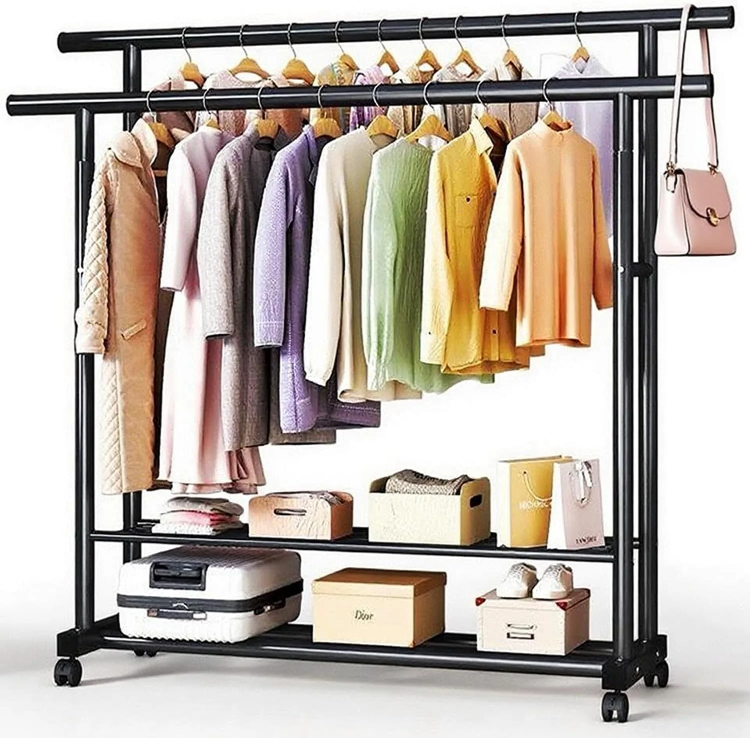 رگال لباس دو میله ای Deleheh (150 سانتی متر)، رگال با قفسه های دوگانه، آویز لباس و کفش، رگال فلزی چند منظوره برای اتاق خواب و نشیمن (چرخ دار)