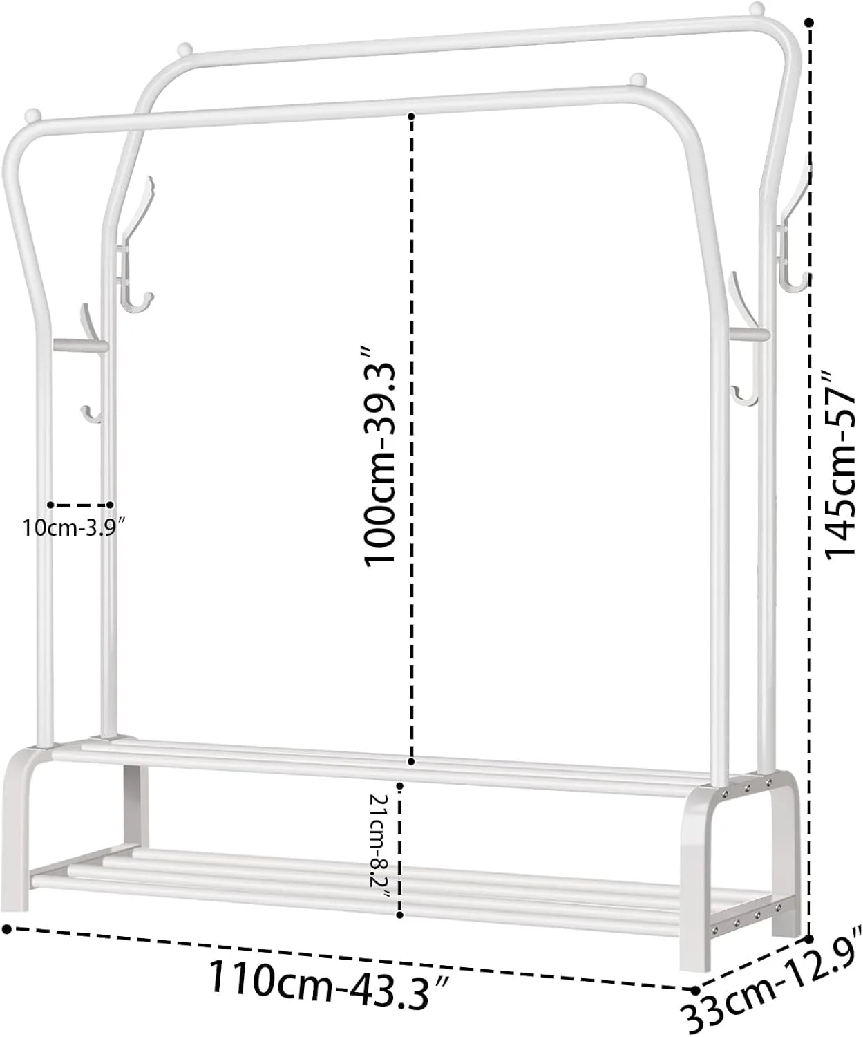 رگال لباس فلزی DMG TECH، آویز لباس، رگال ایستاده با دو ریل، رگال خشک کن سنگین با 2 طبقه قفسه ذخیره سازی پایین، ریل آویز لباس برای اتاق خواب (سفید)
