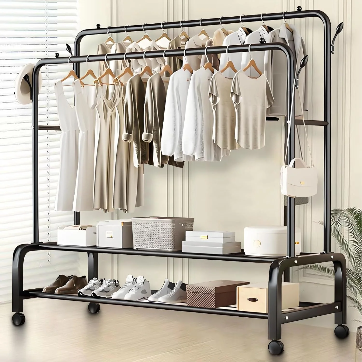 رگال لباس چند منظوره، رگال لباس با میله دوتایی، استند نگهداری نیمکت کفش و کت سنگین برای اتاق خواب، رختشوی خانه، اتاق نشیمن - 150 سانتی متر
