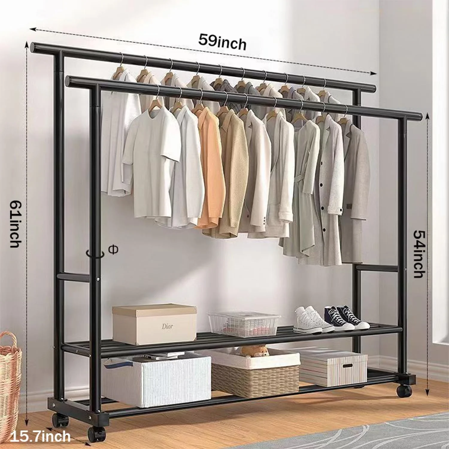 رگال لباس دو میله ای Deleheh (150 سانتی متر)، رگال با قفسه های دوگانه، آویز لباس و کفش، رگال فلزی چند منظوره برای اتاق خواب و نشیمن (چرخ دار)