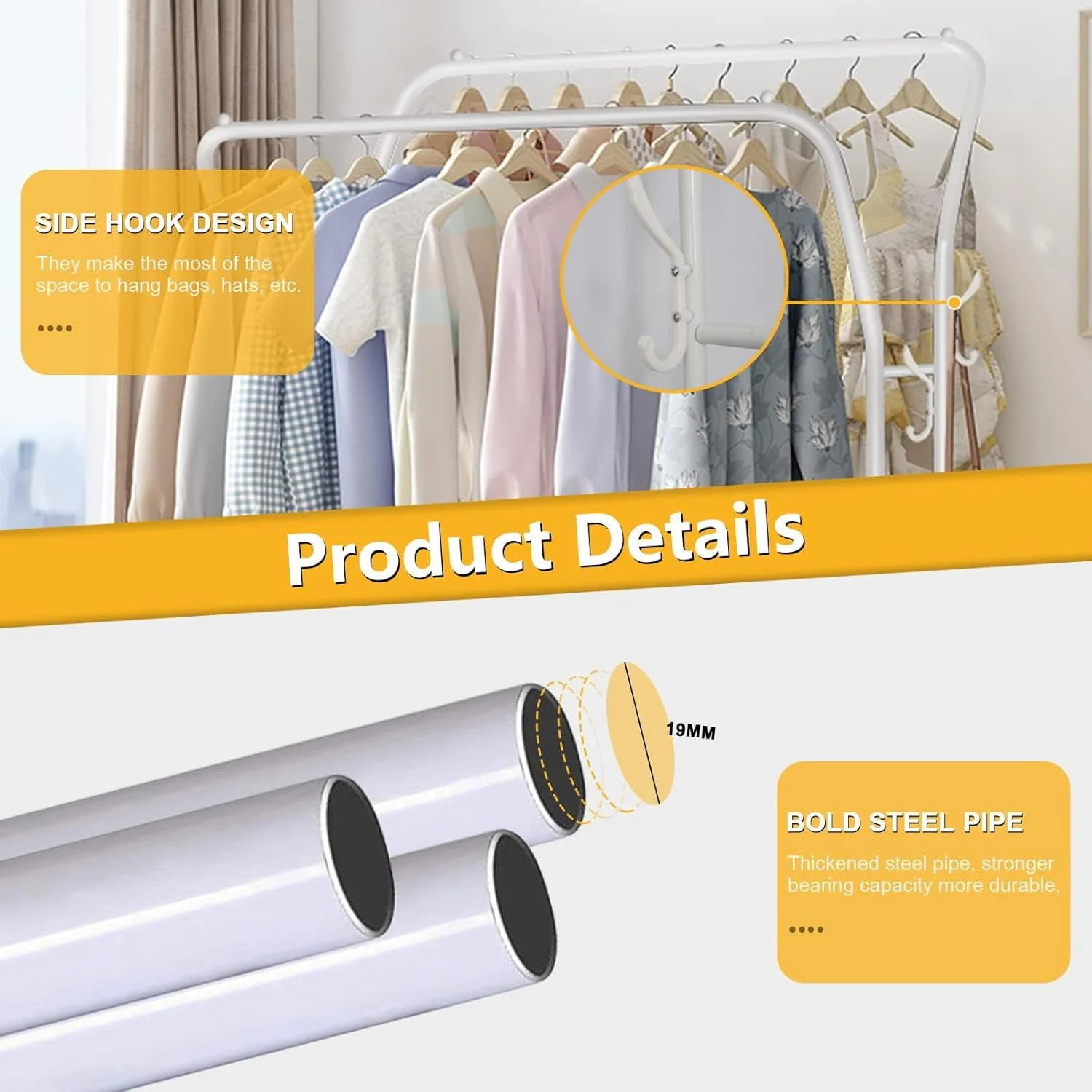 رگال لباس فلزی DMG TECH، آویز لباس، رگال ایستاده با دو ریل، رگال خشک کن سنگین با 2 طبقه قفسه ذخیره سازی پایین، ریل آویز لباس برای اتاق خواب (سفید)