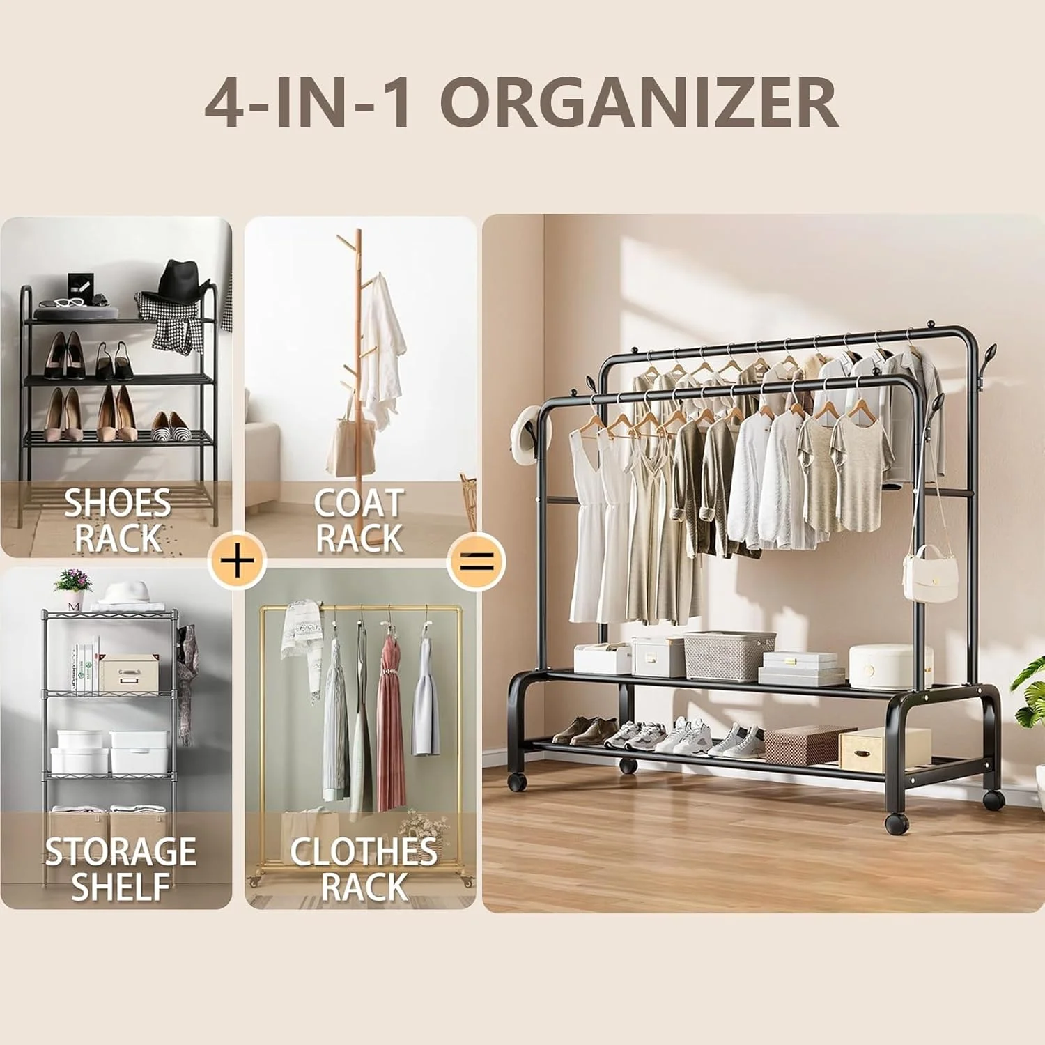 رگال لباس چند منظوره، رگال لباس با میله دوتایی، استند نگهداری نیمکت کفش و کت سنگین برای اتاق خواب، رختشوی خانه، اتاق نشیمن - 150 سانتی متر