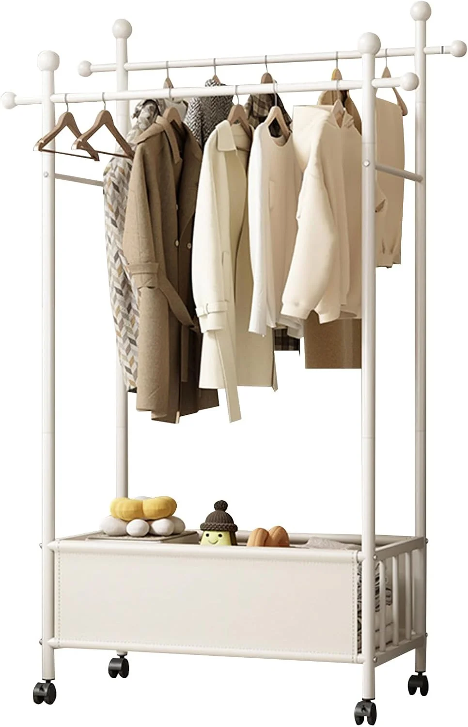 رگال لباس DAYONG، رگال لباس دو ردیفه، آویز لباس با سبد ذخیره سازی، رگال آویز لباس فلزی ایستاده با چرخ برای اتاق خواب خوابگاه (سفید، L-100CM)
