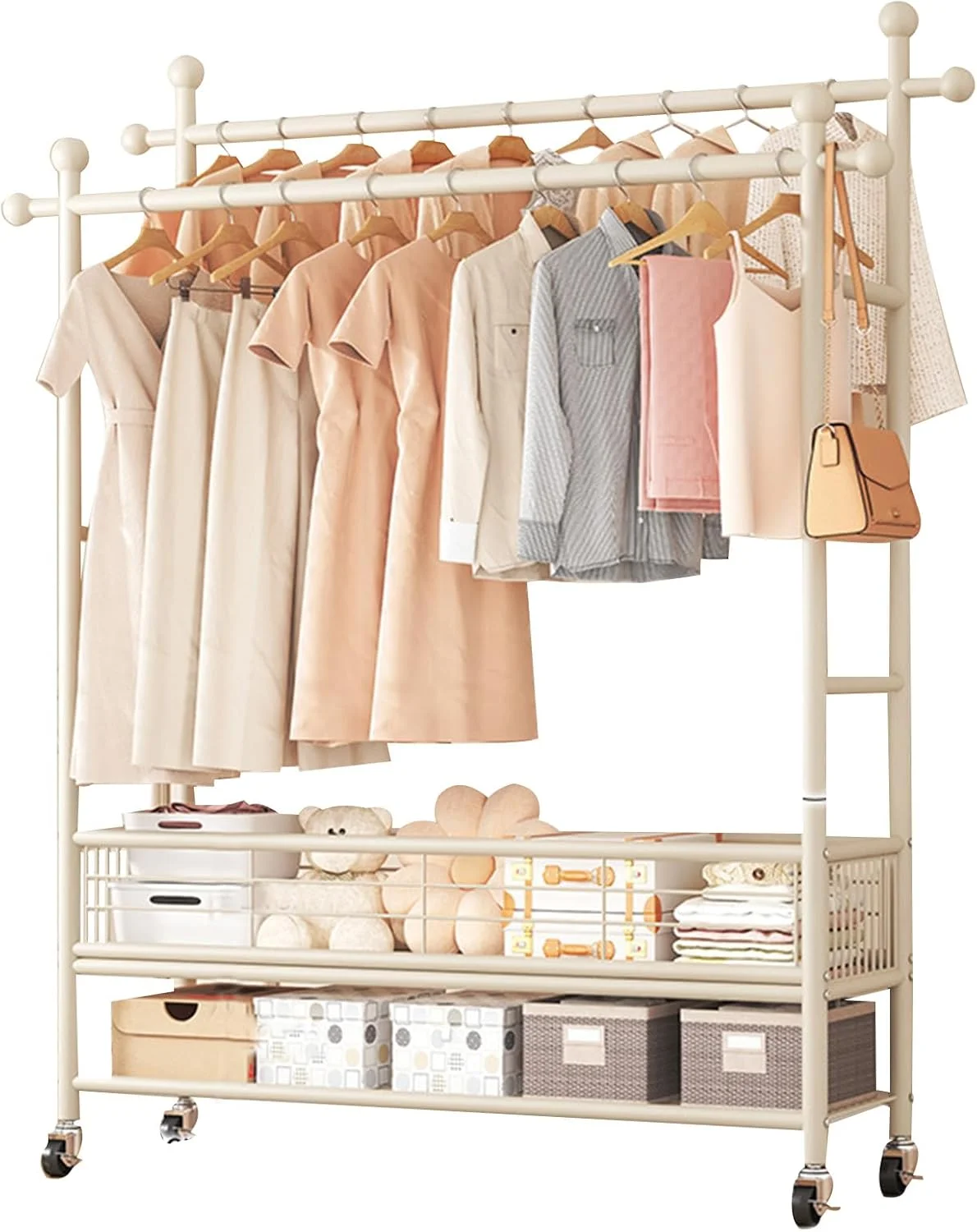 رگال لباس ایستاده دایونگ با قفسه، رگال فلزی لباس ایستاده، رگال لباس دو ردیفه، قفسه ذخیره سازی پایین با چرخ برای سازماندهی لباس اتاق خواب