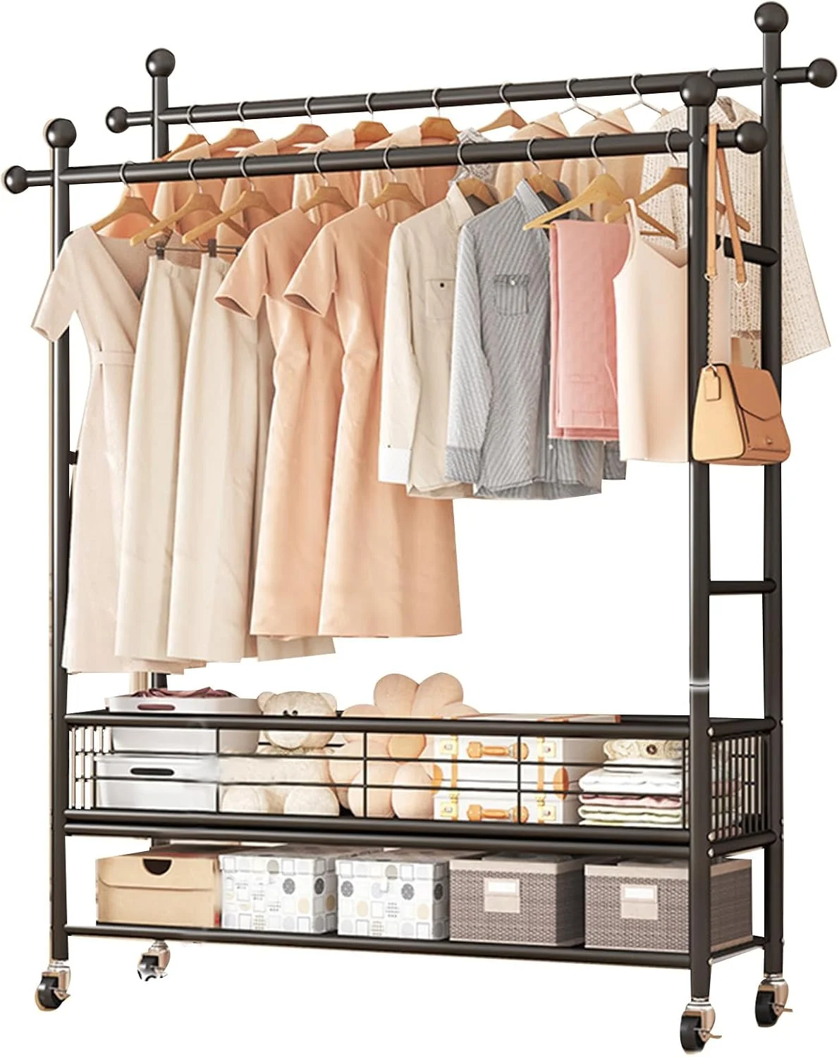 رگال لباس ایستاده DAYONG با قفسه، رگال لباس فلزی مستقل، رگال لباس دو ردیفه، قفسه ذخیره سازی پایین با چرخ برای سازمان دهنده لباس اتاق خواب (مشکی، L-100CM)