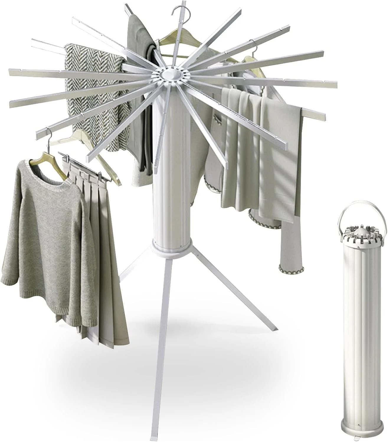 بند رخت سه پایه DAYONG، بند رخت آلومینیومی با 16 میله چرخان، بند رخت تاشو قابل حمل برای داخل و خارج از خانه، صرفه جویی در فضا، تحمل بار 40 کیلوگرم (سفید)