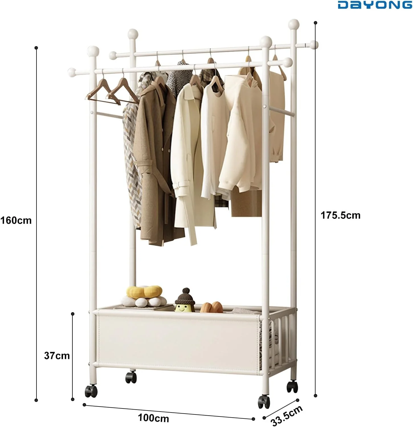 رگال لباس DAYONG، رگال لباس دو ردیفه، آویز لباس با سبد ذخیره سازی، رگال آویز لباس فلزی ایستاده با چرخ برای اتاق خواب خوابگاه (سفید، L-100CM)