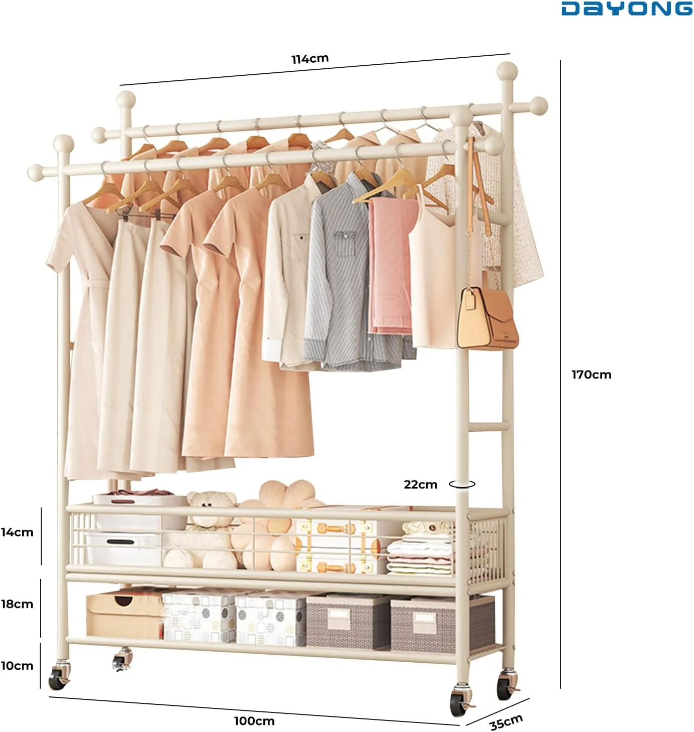 رگال لباس ایستاده دایونگ با قفسه، رگال فلزی لباس ایستاده، رگال لباس دو ردیفه، قفسه ذخیره سازی پایین با چرخ برای سازماندهی لباس اتاق خواب