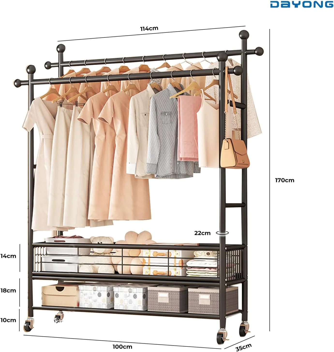 رگال لباس ایستاده DAYONG با قفسه، رگال لباس فلزی مستقل، رگال لباس دو ردیفه، قفسه ذخیره سازی پایین با چرخ برای سازمان دهنده لباس اتاق خواب (مشکی، L-100CM)