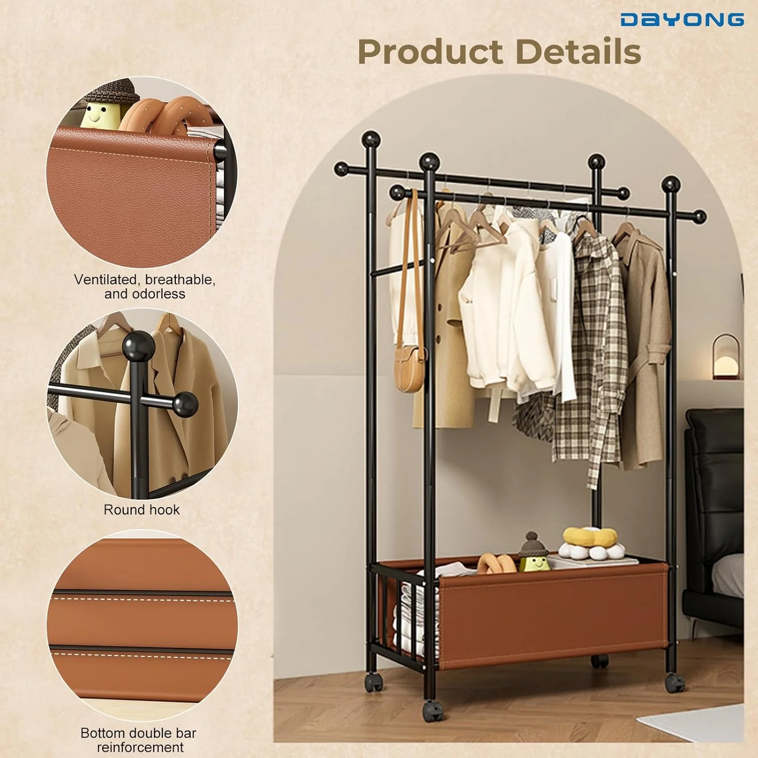 رگال لباس DAYONG، رگال لباس دو ردیفه، آویز لباس با سبد ذخیره سازی، رگال آویز لباس فلزی ایستاده با چرخ برای اتاق خواب خوابگاه (سفید، L-100CM)