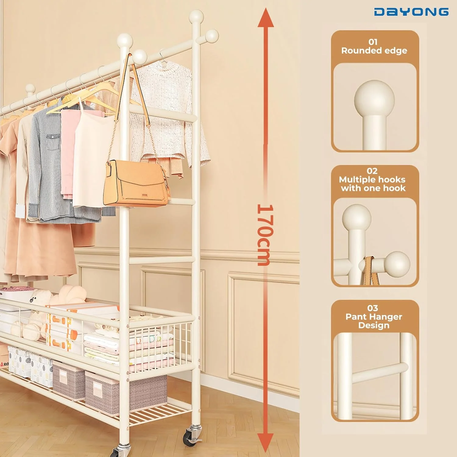 رگال لباس ایستاده دایونگ با قفسه، رگال فلزی لباس ایستاده، رگال لباس دو ردیفه، قفسه ذخیره سازی پایین با چرخ برای سازماندهی لباس اتاق خواب