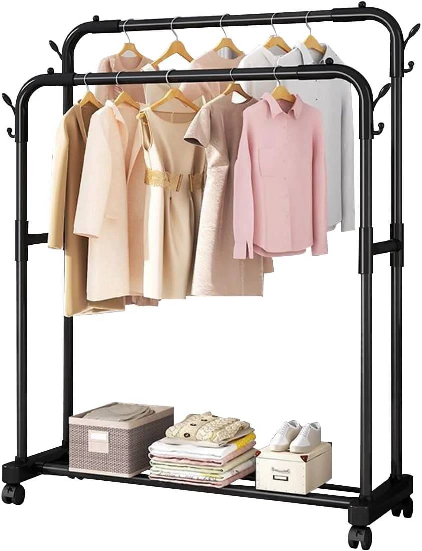 رگال لباس دو ردیفه HASTHIP، رگال لباس فلزی ایستاده با چرخ، سازمان دهنده کمد چند منظوره برای اتاق خواب منزل، قابل تنظیم، مونتاژ آسان