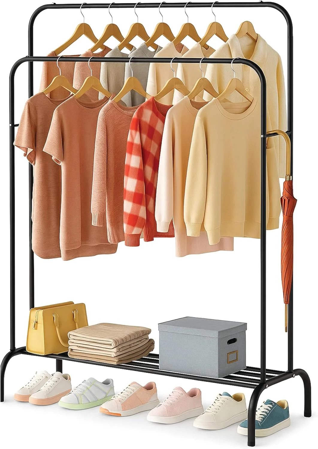 رگال لباس فلزی دو ردیفه با قفسه زیرین | سازمان دهنده لباس ایستاده و مقاوم | رگال آویز لباس چند منظوره برای اتاق خواب، رختشورخانه و ورودی (مشکی)