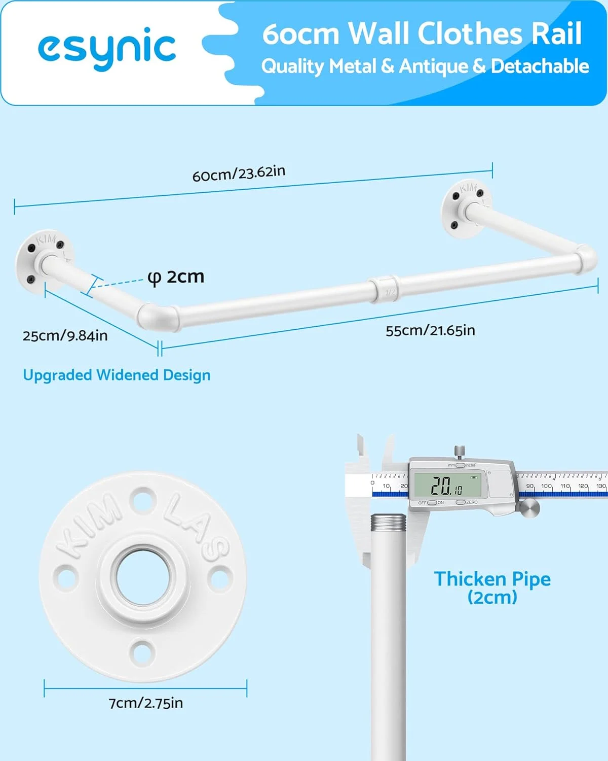 ریل لباس دیواری eSynic، ریل لباس صنعتی محبوب 60 سانتی متری سفید، ریل آویز لباس لوله ای بادوام برای لباس در اتاق خواب، رختشورخانه، کمد
