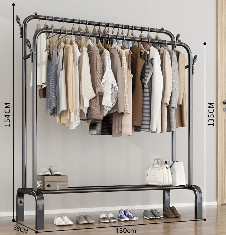 رگال لباس دو ردیفه با چرخ و قفسه ذخیره سازی - رگال لباس فلزی ایستاده، چرخ های قفل دار، سازمان دهنده آویز چند منظوره برای اتاق خواب/کمد (مشکی)