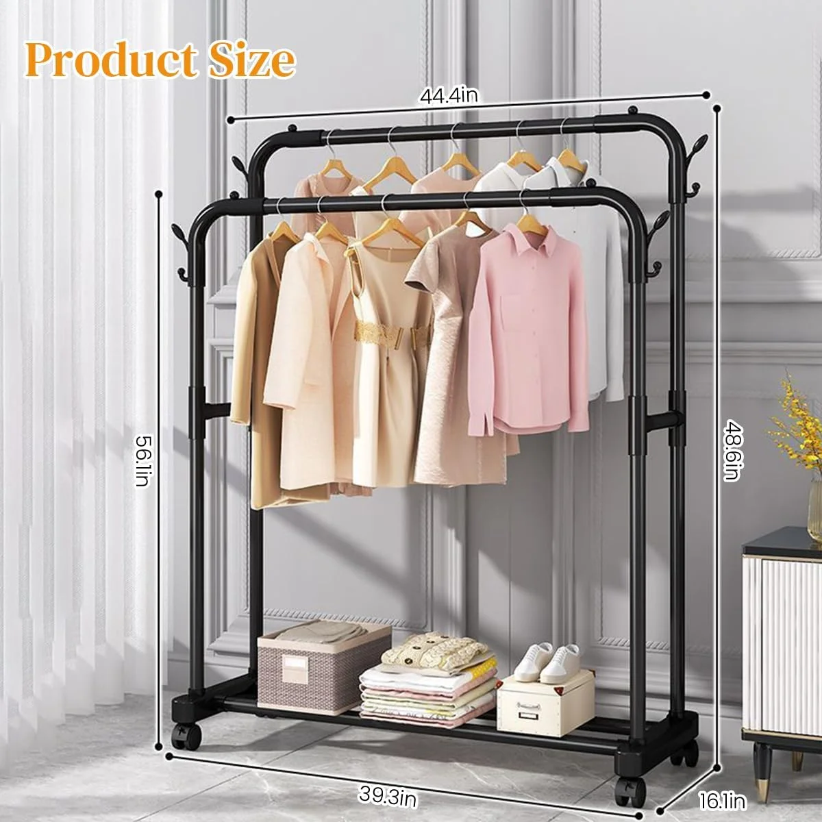رگال لباس دو ردیفه HASTHIP، رگال لباس فلزی ایستاده با چرخ، سازمان دهنده کمد چند منظوره برای اتاق خواب منزل، قابل تنظیم، مونتاژ آسان