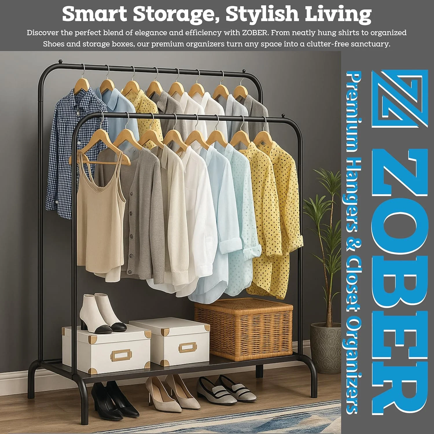 رگال لباس فلزی دو ردیفه با قفسه زیرین | سازمان دهنده لباس ایستاده و مقاوم | رگال آویز لباس چند منظوره برای اتاق خواب، رختشورخانه و ورودی (مشکی)