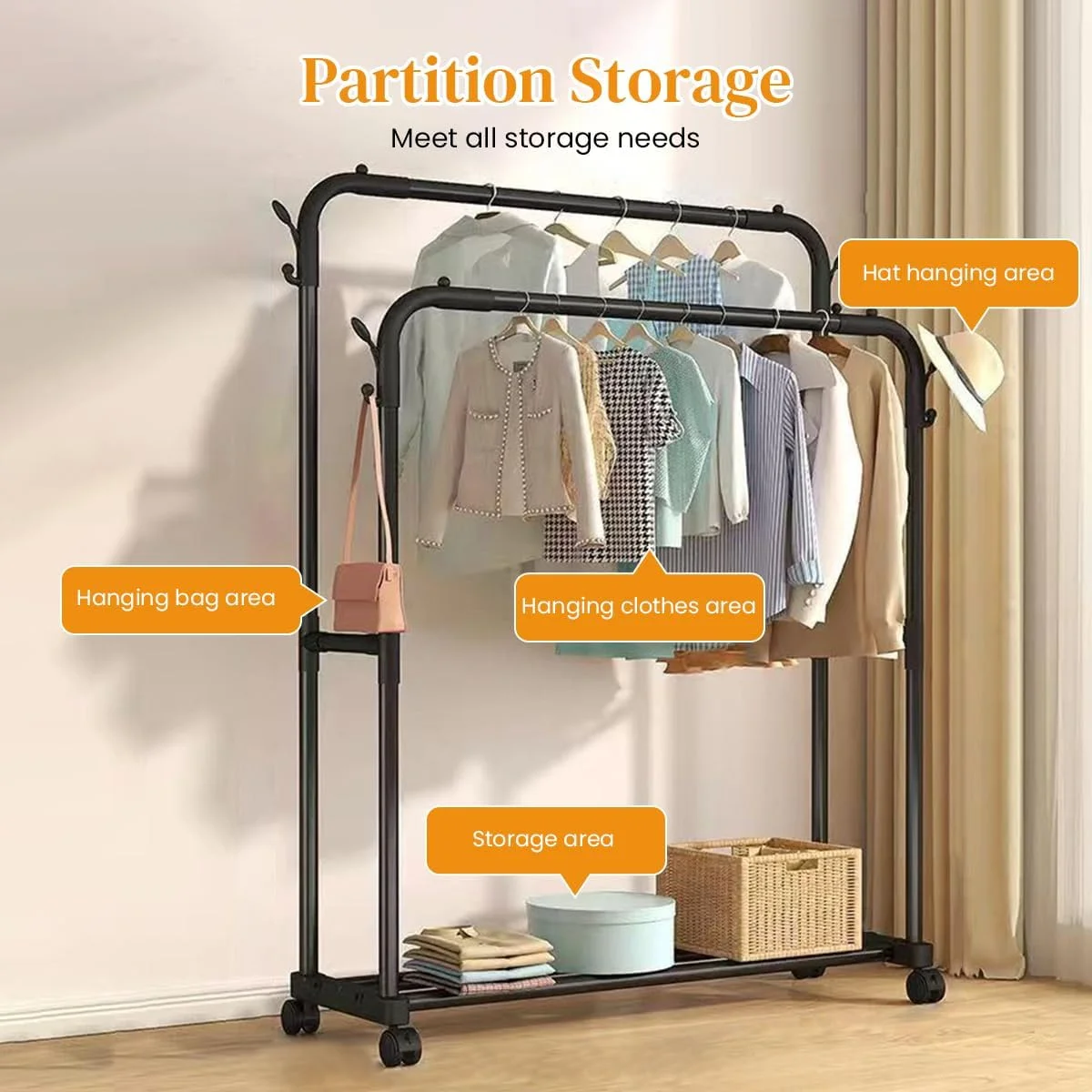رگال لباس دو ردیفه HASTHIP، رگال لباس فلزی ایستاده با چرخ، سازمان دهنده کمد چند منظوره برای اتاق خواب منزل، قابل تنظیم، مونتاژ آسان