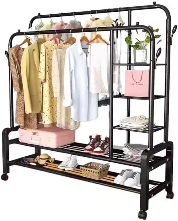 رگال لباس دو ردیفه با چرخ و قفسه ذخیره سازی - رگال لباس فلزی ایستاده، چرخ های قفل دار، سازمان دهنده آویز چند منظوره برای اتاق خواب/کمد (مشکی)