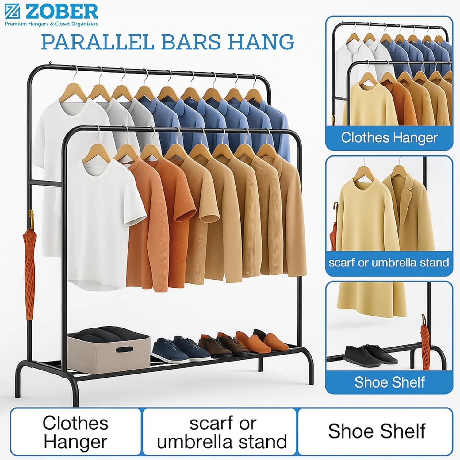 رگال لباس فلزی دو ردیفه با قفسه زیرین | سازمان دهنده لباس ایستاده و مقاوم | رگال آویز لباس چند منظوره برای اتاق خواب، رختشورخانه و ورودی (مشکی)