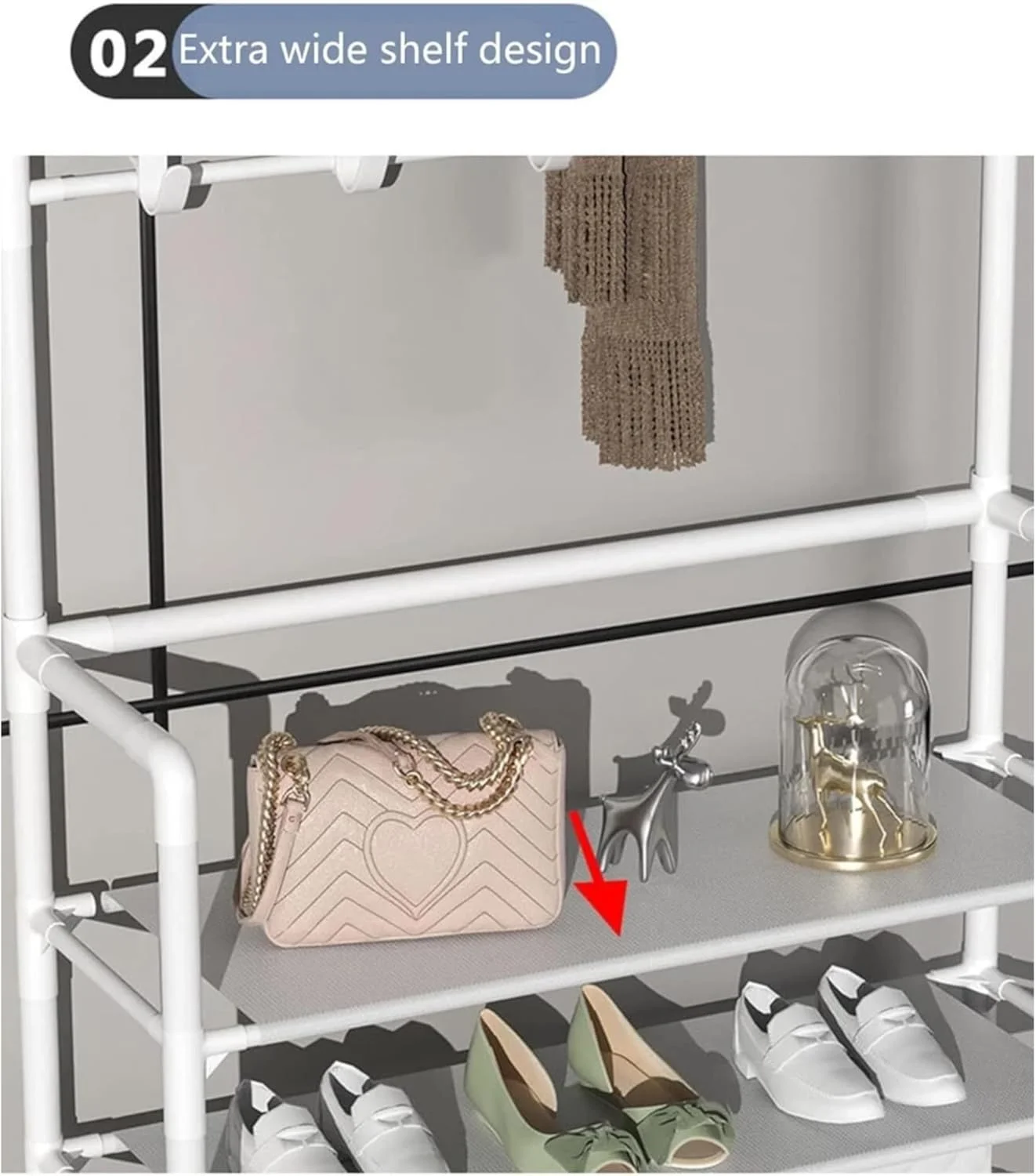 ریل لباس سنگین با قفسه نگهداری کفش - پایه آویز لباس ایستاده برای خانه، فروشگاه، نمایش و سازماندهی کمد (سفید)