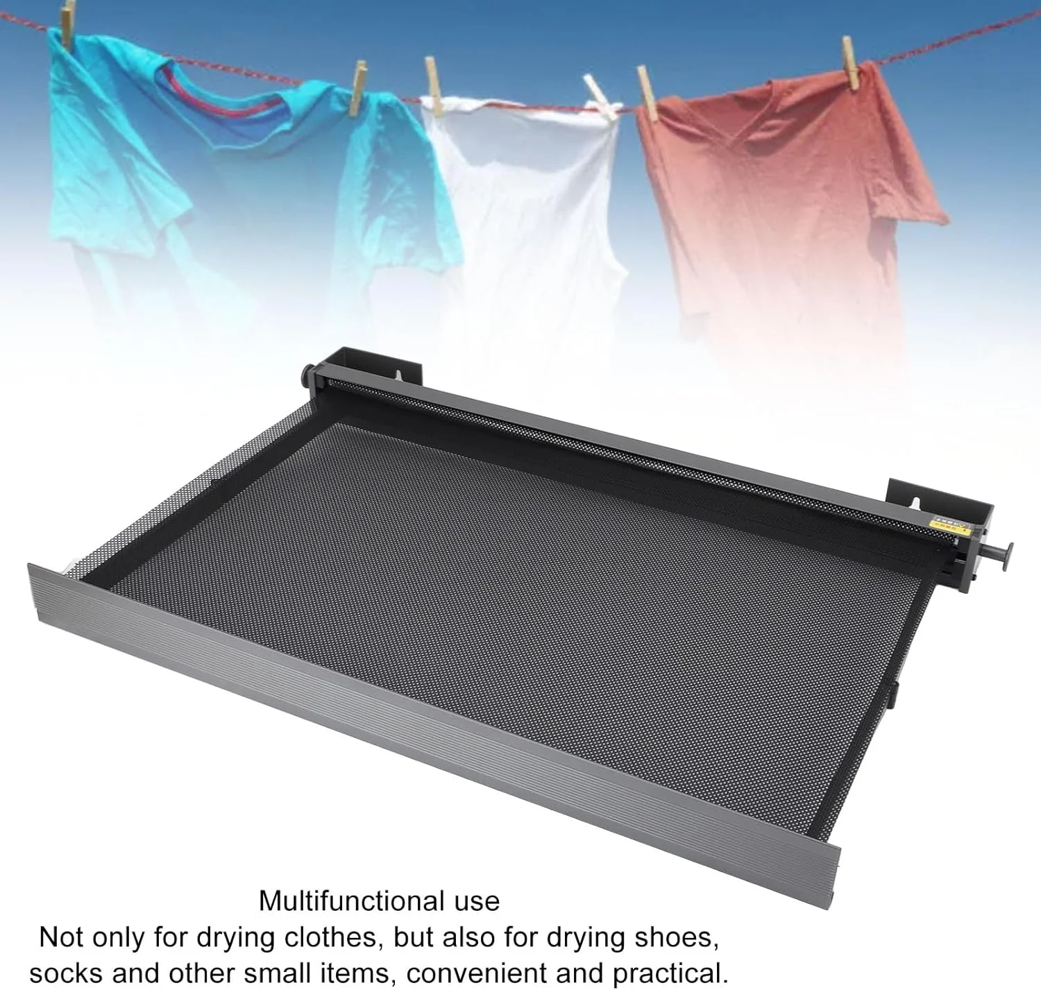 آویز لباس تاشو دیواری آلومینیومی 60 سانتی متری با 8 قلاب، مناسب برای بالکن و پنجره های داخلی (خاکستری)