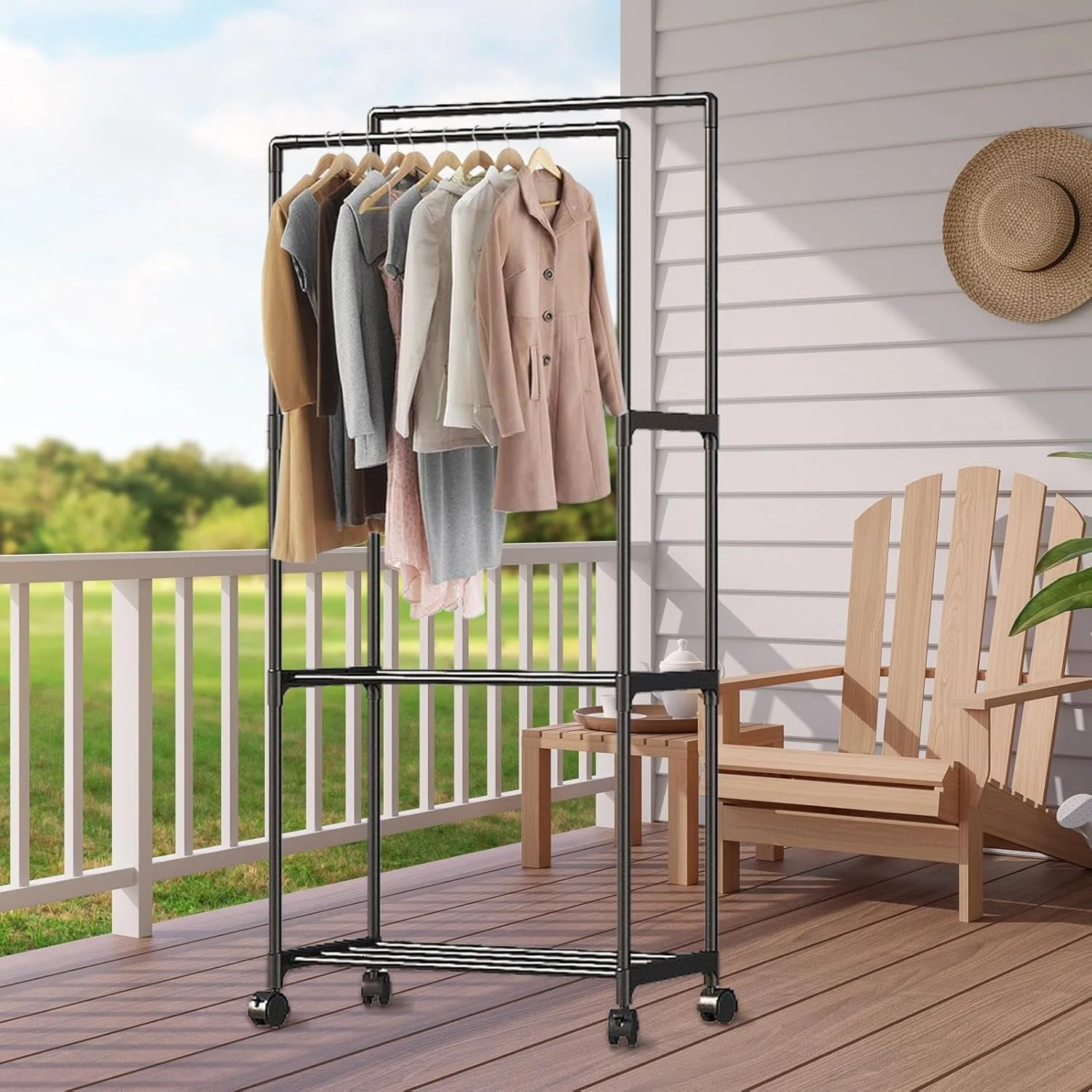 ریل لباس، 1 عدد رخت آویز چرخ دار دوبل، رگال لباس قابل افزایش طول، رگال لباس دو میله ای | سازمان دهنده و نگهداری چند منظوره، سازمان دهنده لباس چرخ دار برای کت، پیراهن، لباس