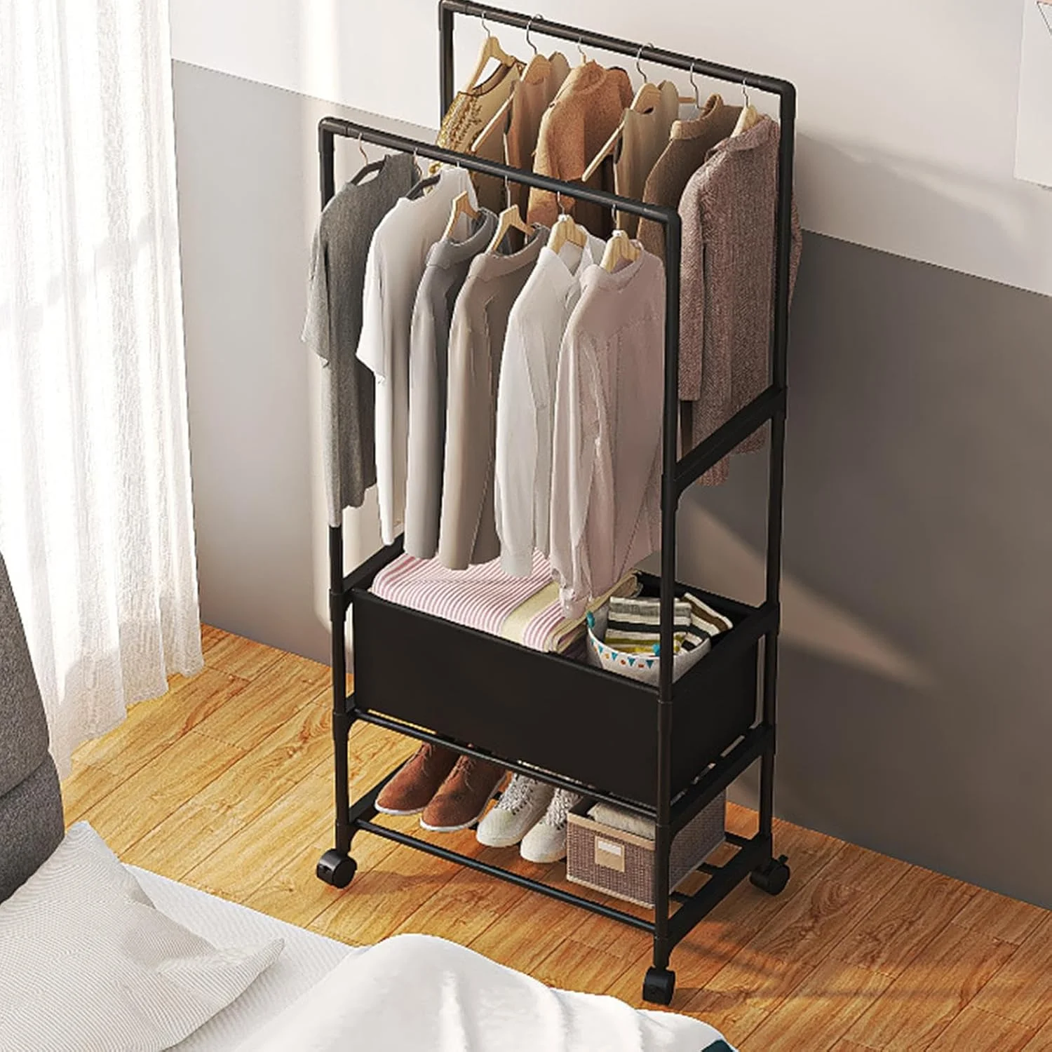 ریل لباس، 1 عدد رخت آویز چرخ دار دوبل، رگال لباس قابل افزایش طول، رگال لباس دو میله ای | سازمان دهنده و نگهداری چند منظوره، سازمان دهنده لباس چرخ دار برای کت، پیراهن، لباس