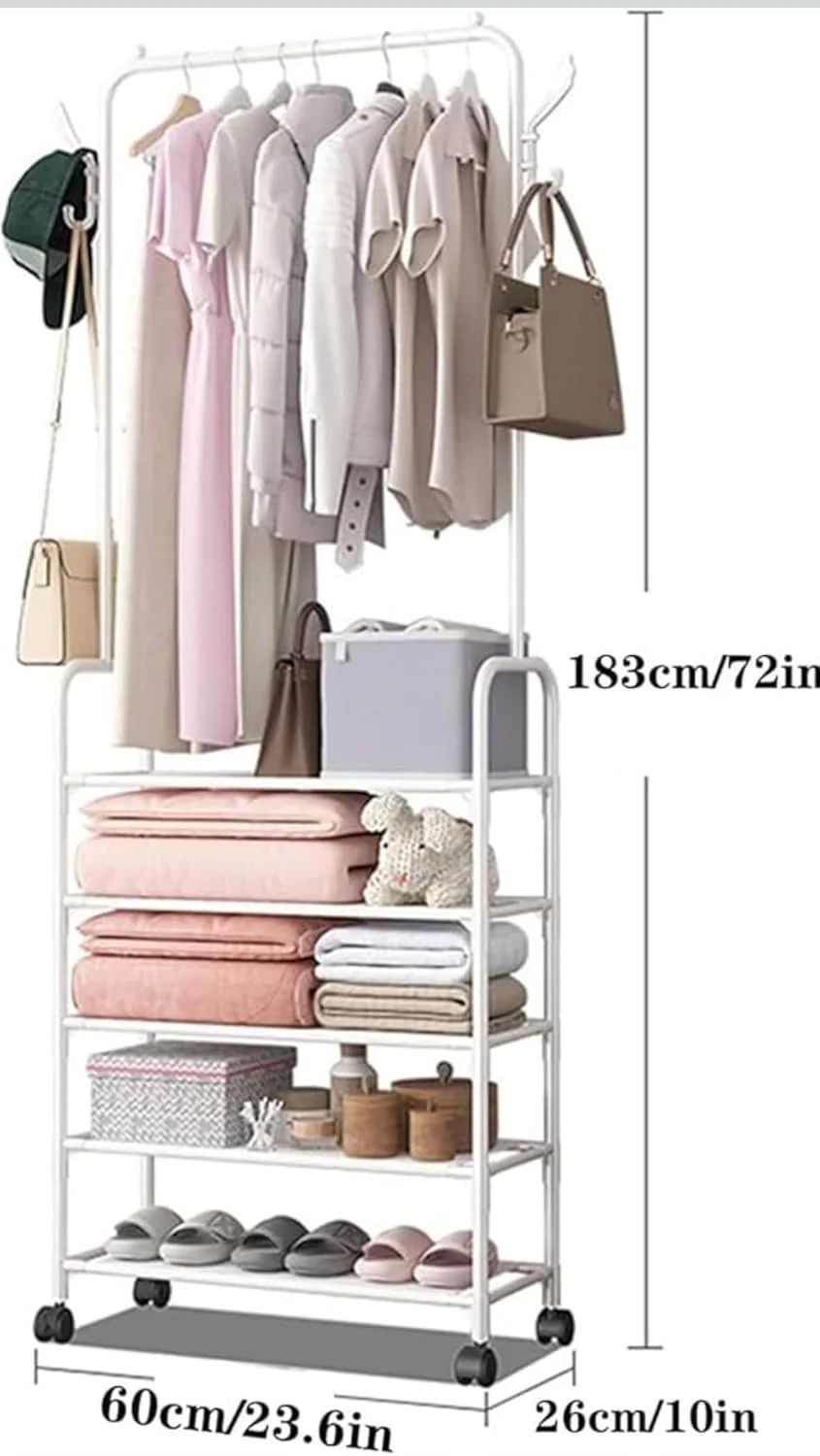 رگال لباس و کفش متحرک با قفسه، استند فلزی چرخ دار لباس و کفش با فضای ذخیره سازی، سازمان دهنده کمد قابل حمل و بادوام با چرخ، جذاب و زیبا