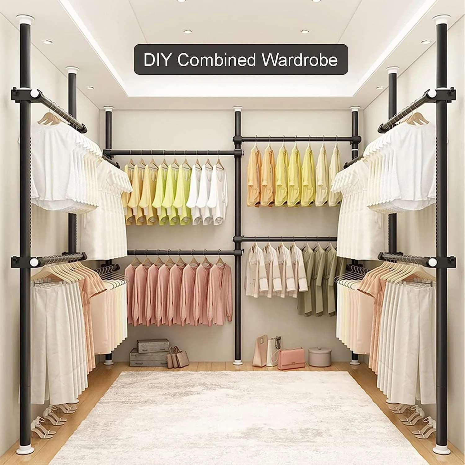 ارگانایزر کمد لباس تلسکوپی DIY، رگال لباس، ریل مرتب کننده لباس، رگال لباس سنگین، چوب لباسی تلسکوپی، ریل آویز مرتب کننده با سینی و رگال شلوار، ارتفاع قابل تنظیم 110-310 سانتی متر (B
