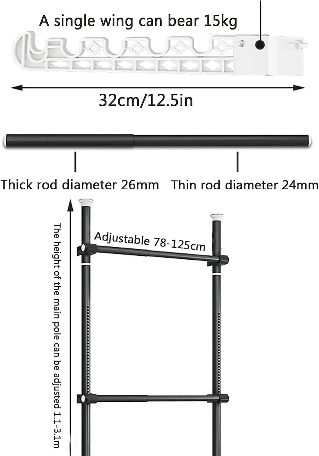 آویز لباس تلسکوپی سنگین، ریل آویز متحرک لباس، نصب آسان بدون آسیب به دیوار یا سقف، مناسب برای سقف های بلند تا 3.1 متر، کمد لباس 4 میله 6 میله (مشکی)