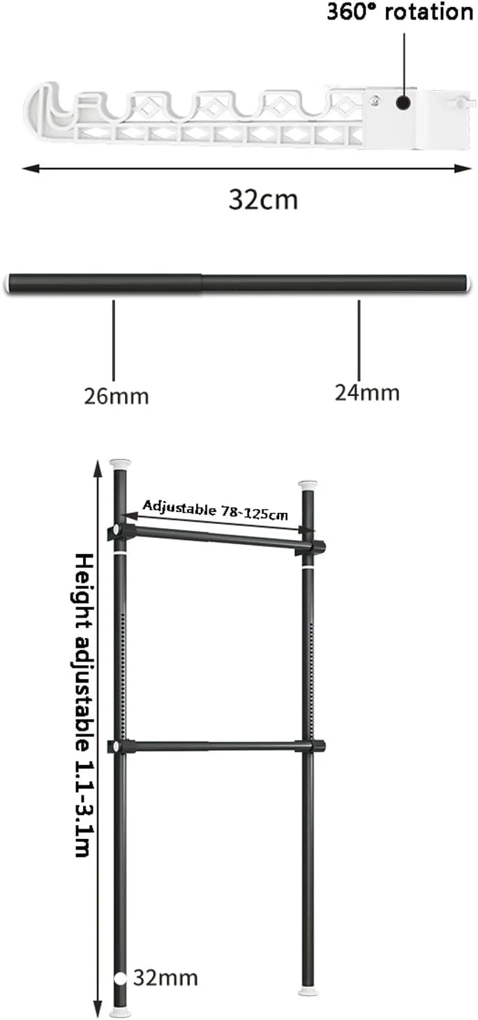 ریل لباس تلسکوپی سنگین، آویز لباس DIY | ارتفاع قابل تنظیم 110-310 سانتی متر، عرض 78-125 سانتی متر | ریل آویز لباس با قلاب آویز