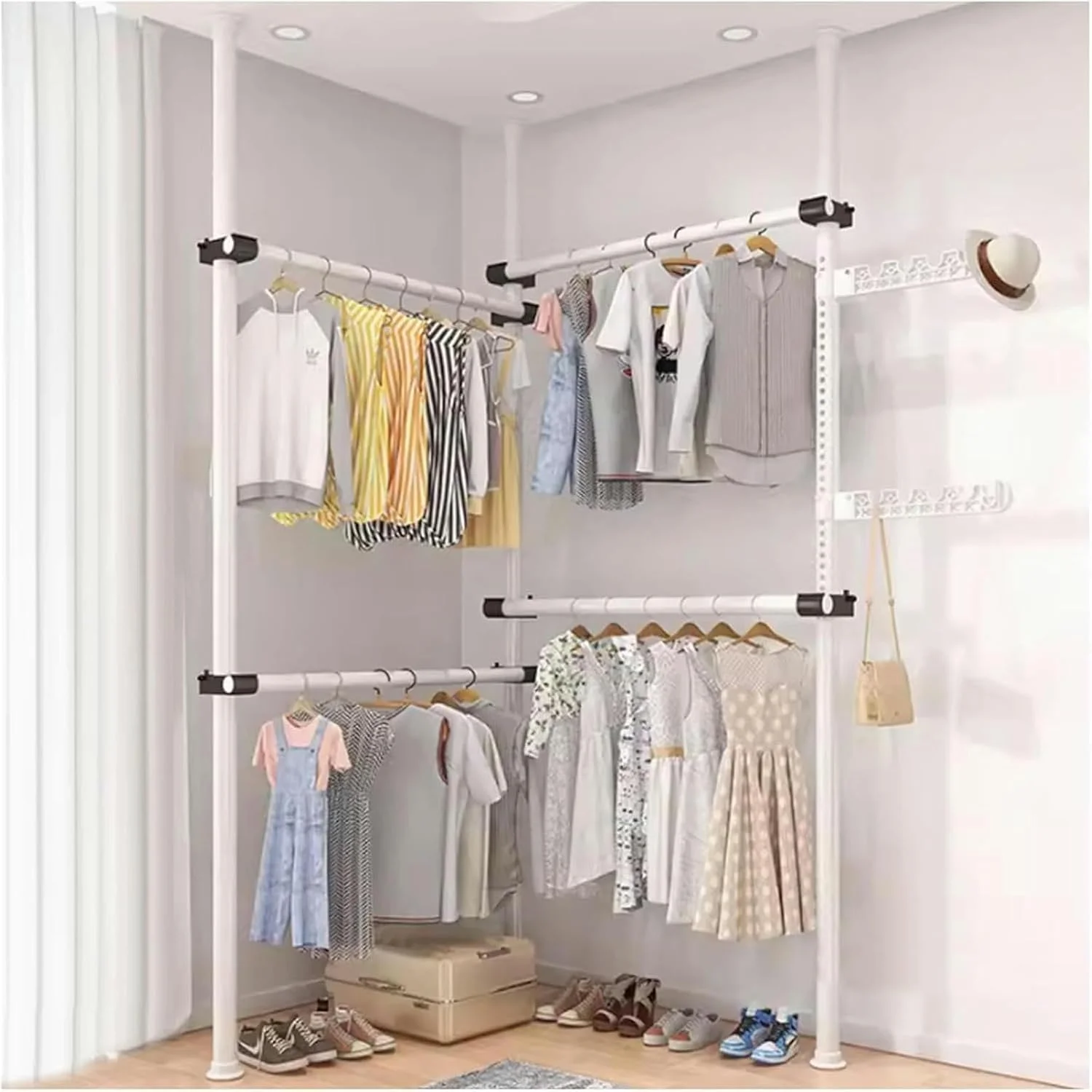 ارگانایزر میلهای با قابلیت تنظیم ارتفاع از کف تا سقف، رختآویز ایستاده با ظرفیت بالا مناسب لباس، کلاه، کیف و غیره ارگانایزر میلهای با قابلیت تنظیم ارتفاع از کف تا سقف، رختآویز ایستاده با ظرفیت بالا مناسب لباس، کلاه، کیف و غیره