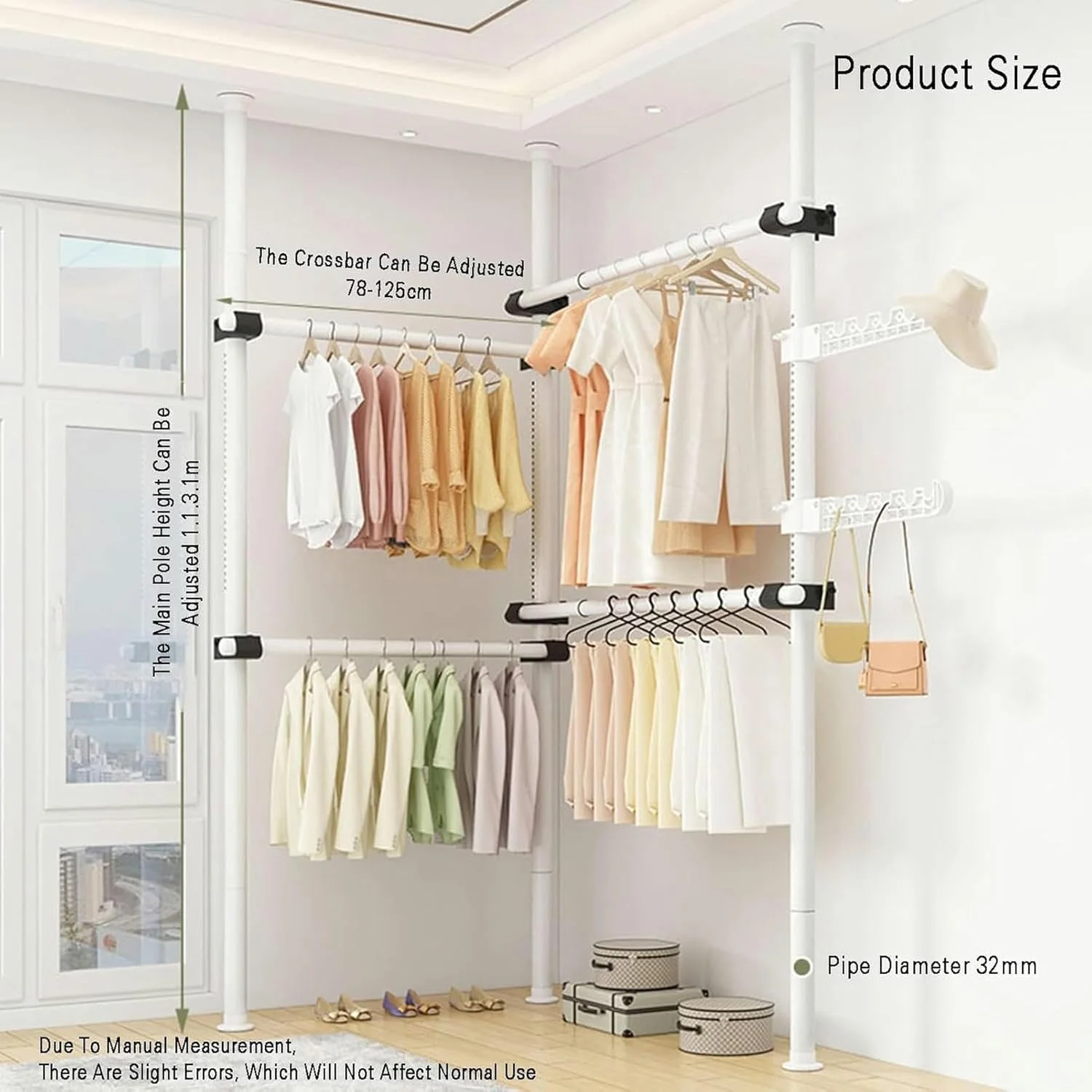 ارگانایزر میلهای با قابلیت تنظیم ارتفاع از کف تا سقف، رختآویز ایستاده با ظرفیت بالا مناسب لباس، کلاه، کیف و غیره ارگانایزر میلهای با قابلیت تنظیم ارتفاع از کف تا سقف، رختآویز ایستاده با ظرفیت بالا مناسب لباس، کلاه، کیف و غیره