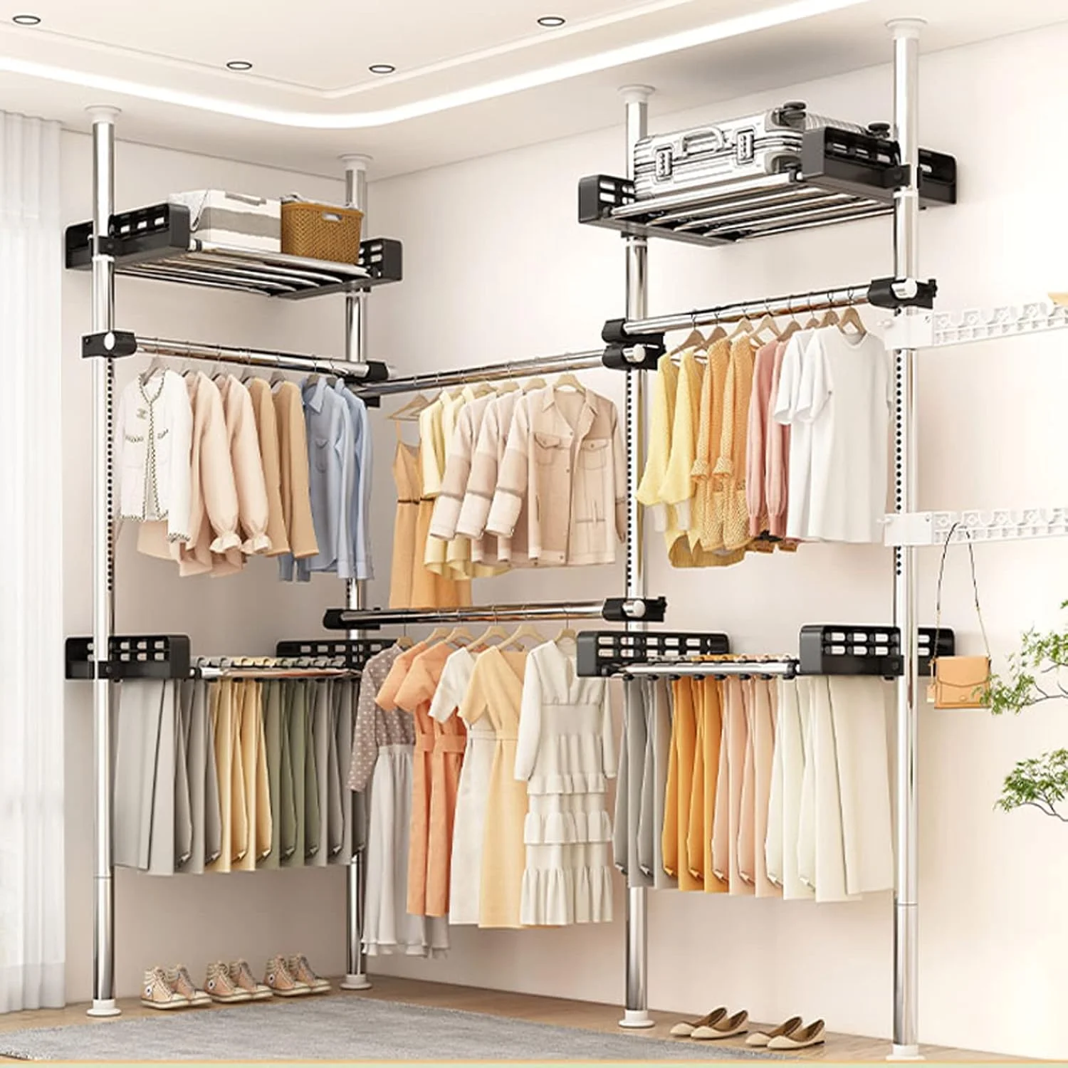 ریل لباس با سینی و جا شلواری قابل تنظیم ارتفاع - رگال لباس تلسکوپی سنگین - سازمان دهنده کمد تلسکوپی DIY برای نگهداری کارآمد لباس ریل لباس با سینی و جا شلواری قابل تنظیم ارتفاع - رگال لباس تلسکوپی سنگین - سازمان دهنده کمد تلسکوپی DIY برای نگهداری کارآمد لباس
