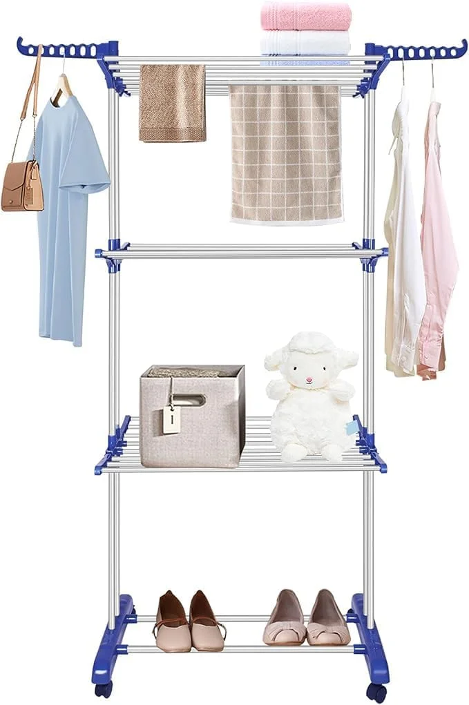 رخت آویز استیل ضد زنگ تاشو سه طبقه | پایه لباس | خشک کن لباس | قفسه های لباس با چرخ رخت آویز استیل ضد زنگ تاشو سه طبقه | پایه لباس | خشک کن لباس | قفسه های لباس با چرخ