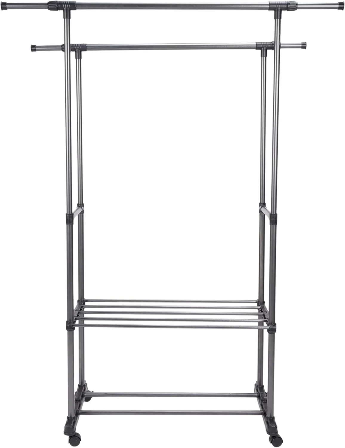 رخت آویز دو میله ای قابل تنظیم با چرخ - رگال لباس چرخ دار سنگین با طبقه زیرین - سازمان دهنده کمد قابل حمل برای اتاق خواب، کمد یا رختشورخانه