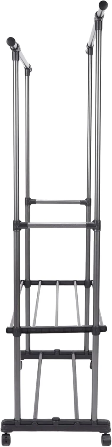 رخت آویز دو میله ای قابل تنظیم با چرخ - رگال لباس چرخ دار سنگین با طبقه زیرین - سازمان دهنده کمد قابل حمل برای اتاق خواب، کمد یا رختشورخانه