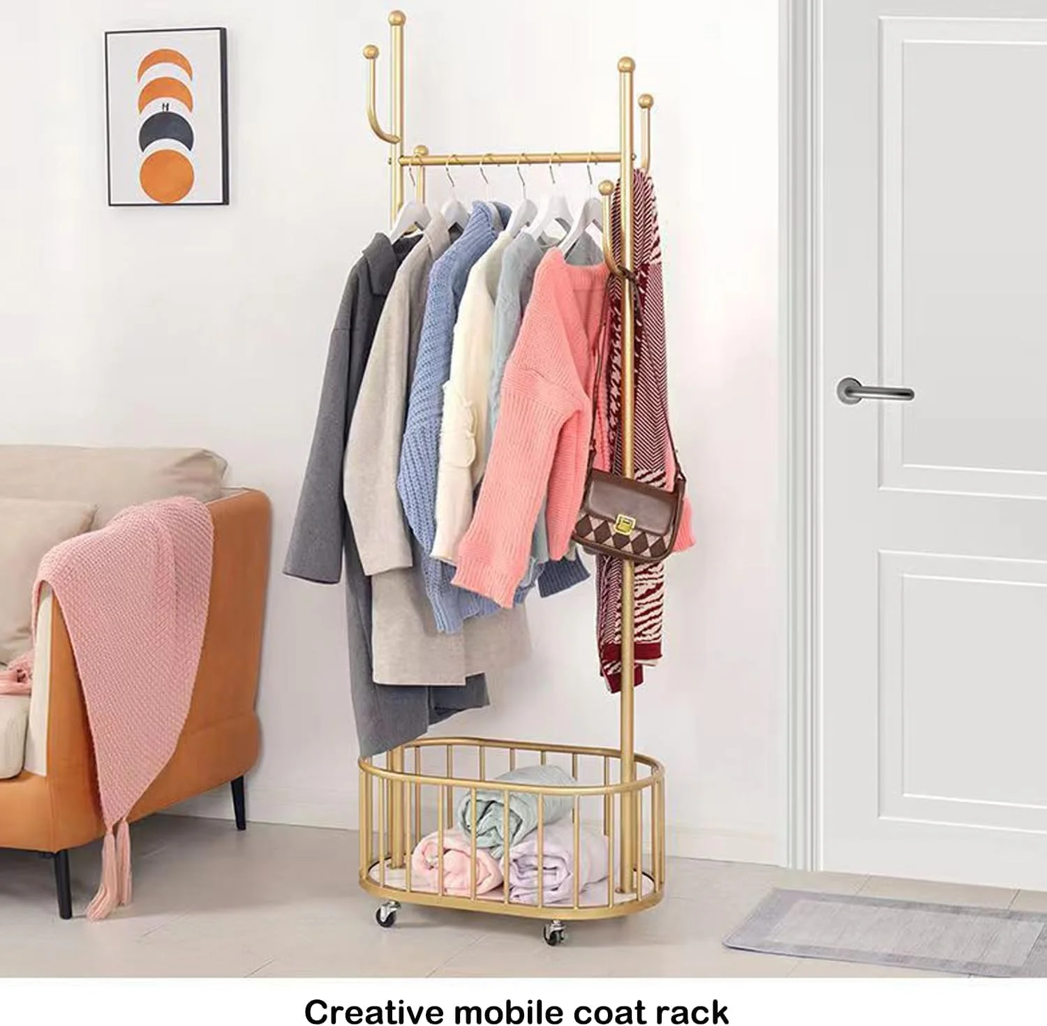 رخت آویز فلزی ساده EPEDIC، رخت آویز ایستاده مناسب اتاق خواب، رخت آویز چرخ دار متحرک خانگی با سبد ذخیره سازی (مشکی)