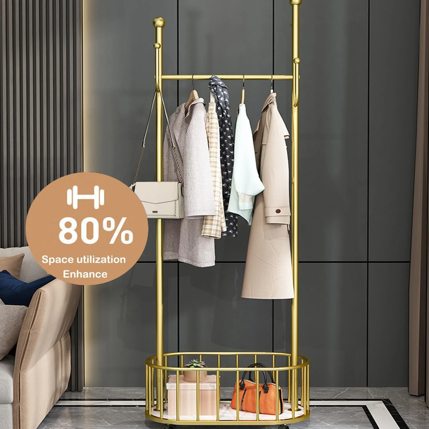 رخت آویز فلزی ساده EPEDIC، رخت آویز ایستاده مناسب اتاق خواب، رخت آویز چرخ دار متحرک خانگی با سبد ذخیره سازی (مشکی)