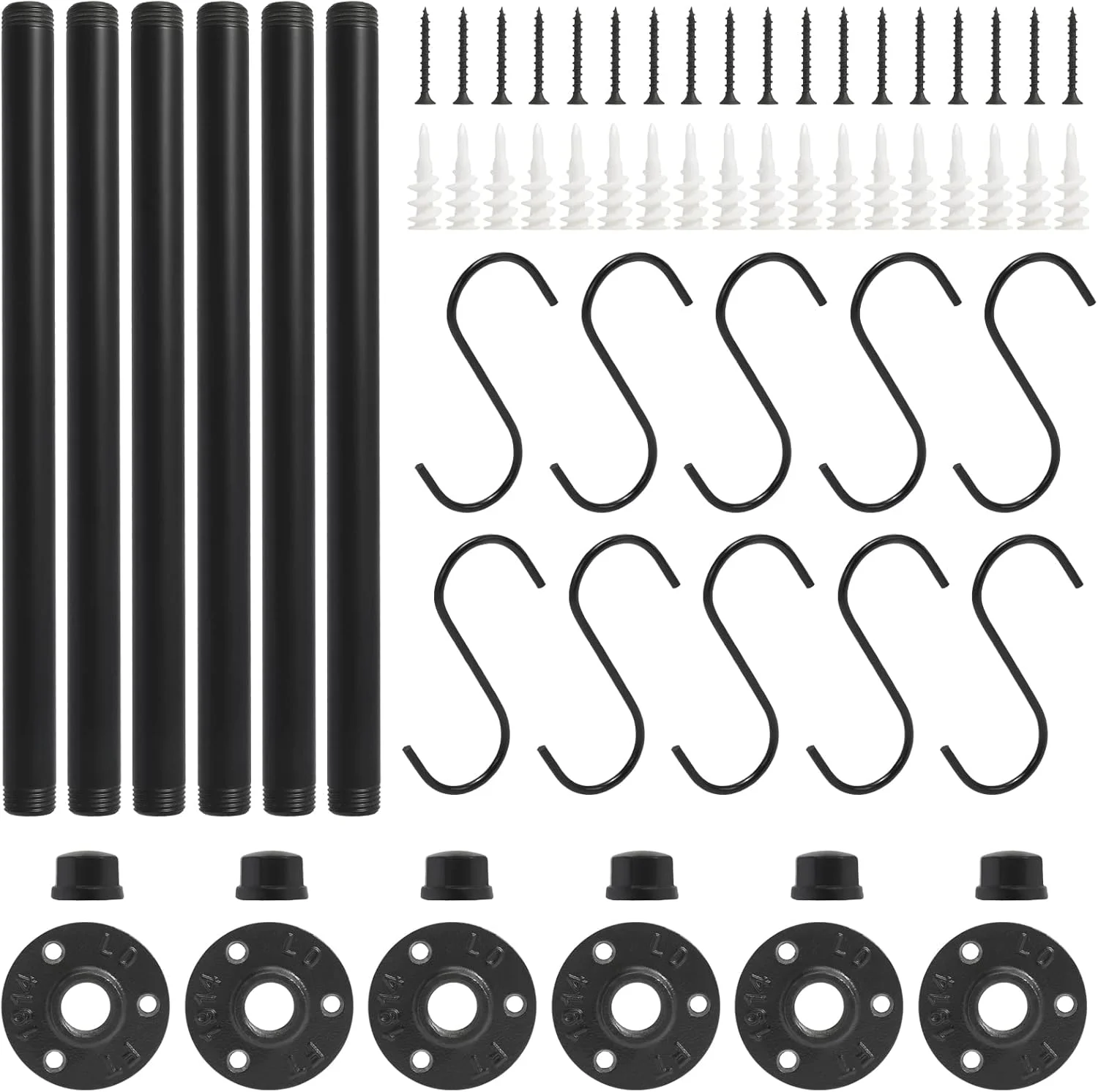 ۶ عدد رخت آویز لوله صنعتی ۱۲ اینچی، میله لباس لوله آهنی مشکی مات، نصب شده روی دیوار، میله های کمد قدیمی برای اتاق خواب، حمام، بوتیک