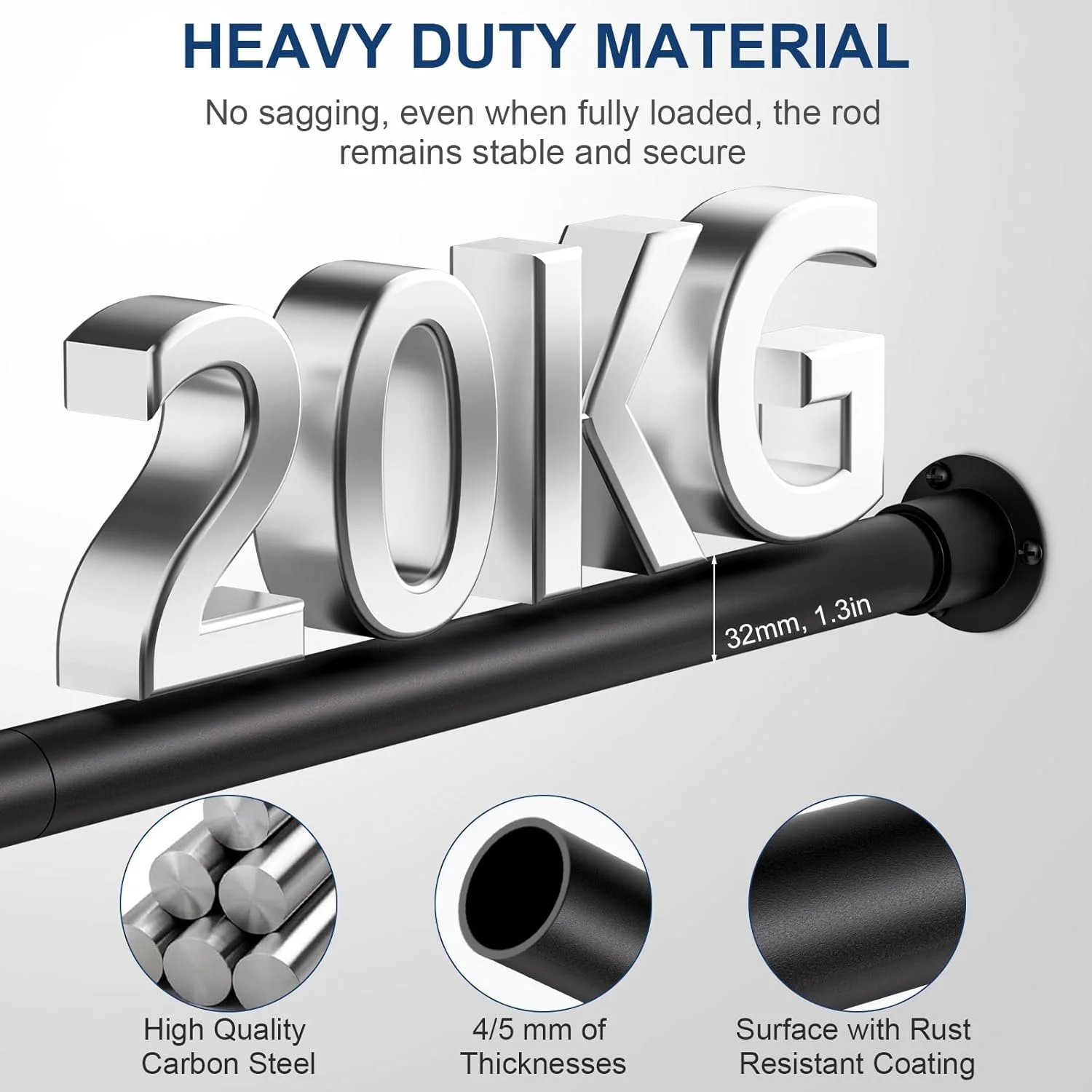 ریل لباس قابل تنظیم کمد، 43-133 سانتی متر، میله فلزی سنگین 32 میلی متری با سوکت های ثابت، ریل آویز لباس برای کمد، کابینت، حمام، مشکی