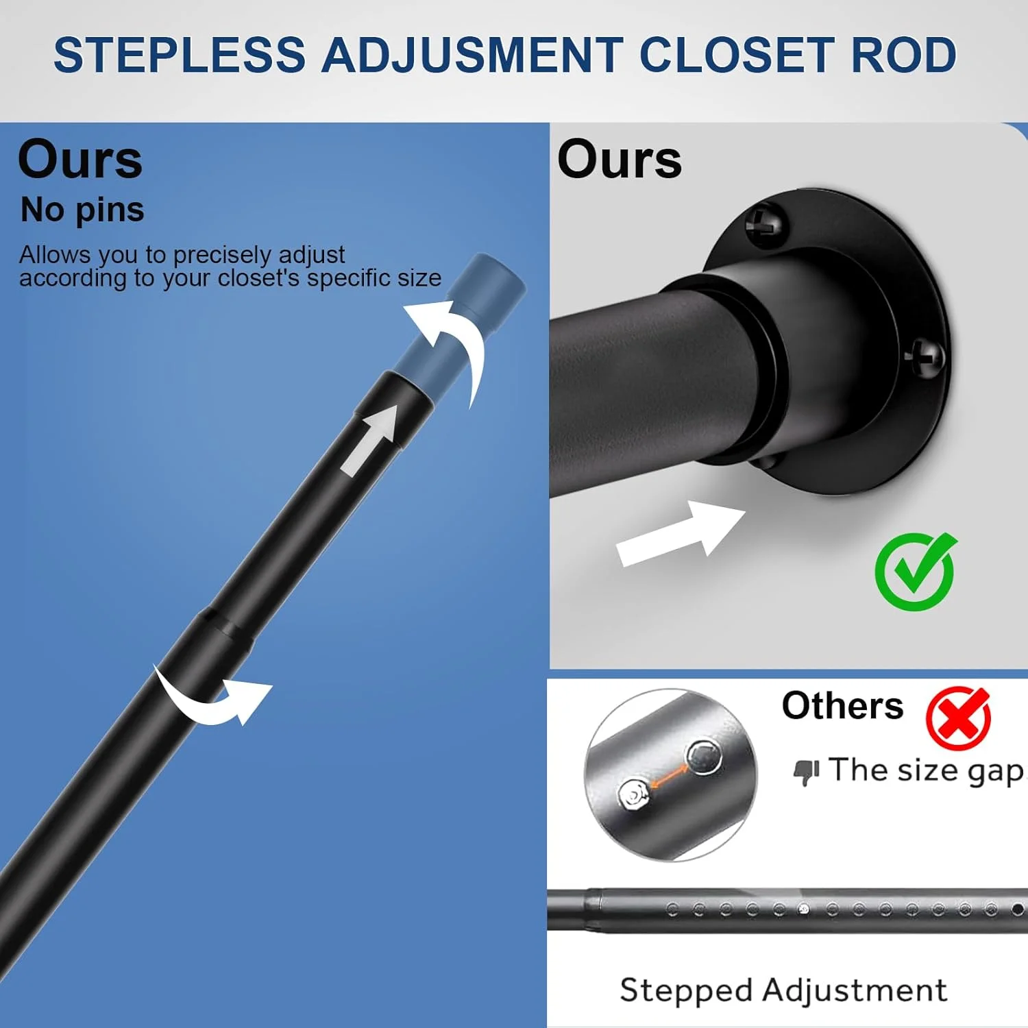 ریل لباس قابل تنظیم کمد، 43-133 سانتی متر، میله فلزی سنگین 32 میلی متری با سوکت های ثابت، ریل آویز لباس برای کمد، کابینت، حمام، مشکی