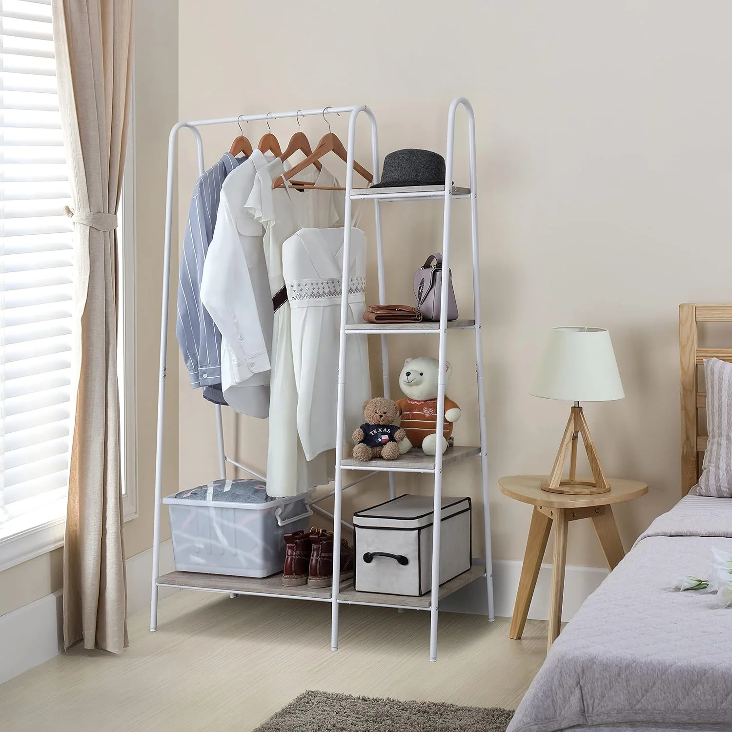 ریل لباس فینهومی، رخت آویز فلزی با 4 طبقه، کمد لباس سنگین وزن با قفسه کفش، رخت آویز لباس برای اتاق خواب، رخت آویز چوبی، سفید ریل لباس فینهومی، رخت آویز فلزی با 4 طبقه، کمد لباس سنگین وزن با قفسه کفش، رخت آویز لباس برای اتاق خواب، رخت آویز چوبی، سفید