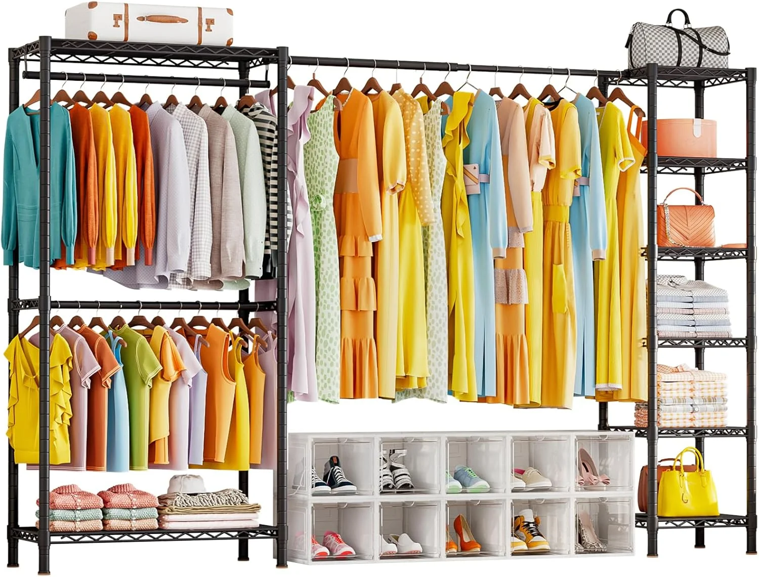 رگال لباس سیمی قابل گسترش، رگال فلزی لباس با قفسه های ذخیره سازی قابل تنظیم، سازمان دهنده کمد لباس بزرگ مستقل با میله آویز (مشکی)