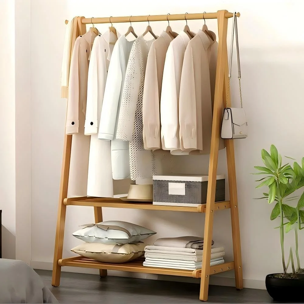 رخت آویز تاشو بامبو، رخت آویز چند منظوره برای آویزان کردن لباس، رخت آویز ایستاده با میله و 2 طبقه قفسه ذخیره سازی پایین، رخت آویز برای اتاق خواب/نشیمن