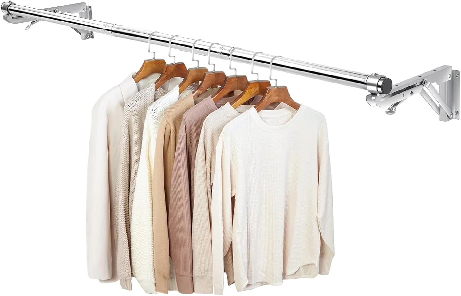 رخت آویز دیواری تاشو - میله 112 سانتی متری و 2 پایه، فولاد ضد زنگ، مقاوم، جداشدنی، چند منظوره برای صرفه جویی در فضا، مناسب برای آویز لباس/خشک کردن لباس/آویز گیاه، دارای طبقه بالایی