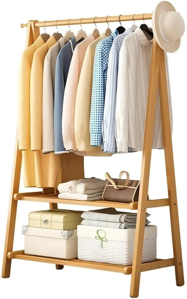 رخت آویز تاشو بامبو، رخت آویز چند منظوره برای آویزان کردن لباس، رخت آویز ایستاده با میله و 2 طبقه قفسه ذخیره سازی پایین، رخت آویز برای اتاق خواب/نشیمن رخت آویز تاشو بامبو، رخت آویز چند منظوره برای آویزان کردن لباس، رخت آویز ایستاده با میله و 2 طبقه قفسه ذخیره سازی پایین، رخت آویز برای اتاق خواب/نشیمن